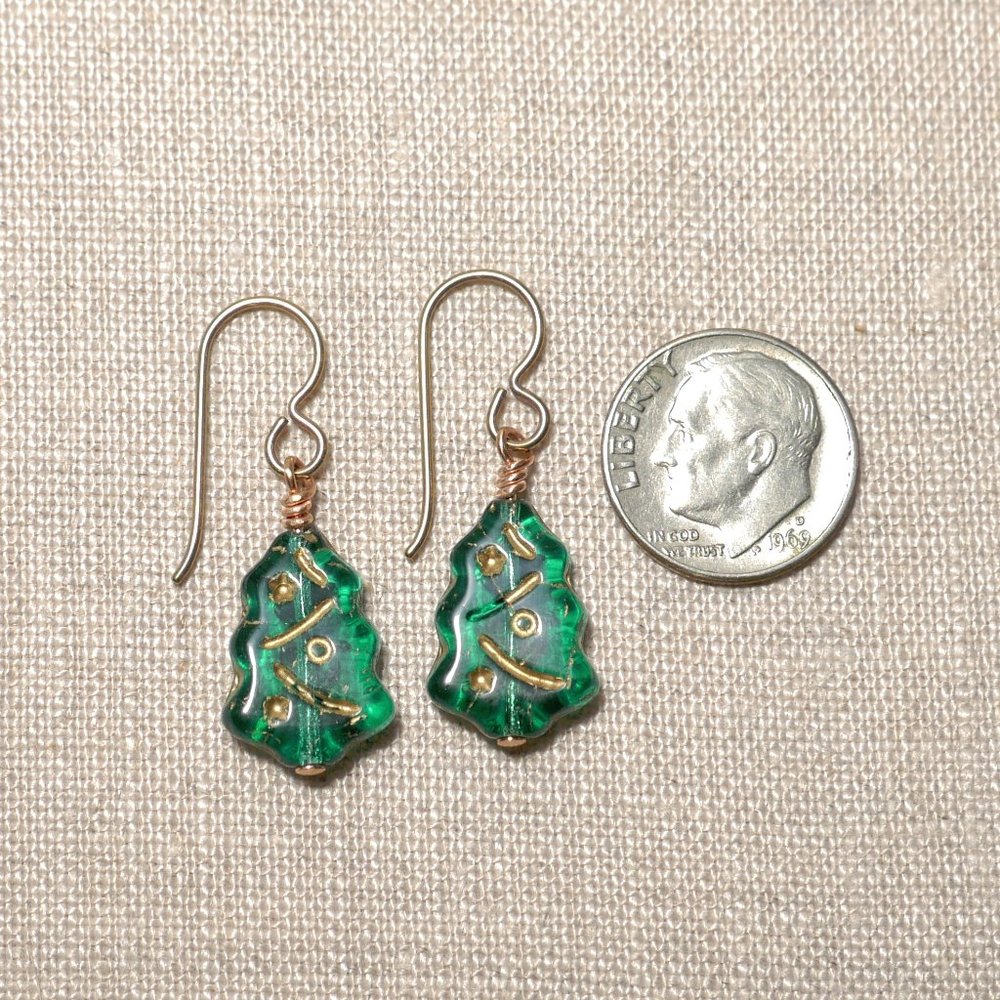 Hand Crafted Handmade Czech Glass Green Christmas Tree Earrings - Picture 3 of 4